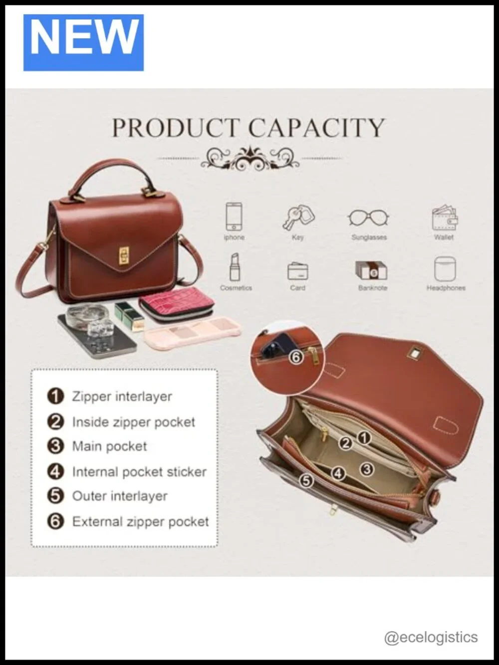 Genuine Leather Crossbody Bag for Women, Adjustable Straps, Microfiber Interior